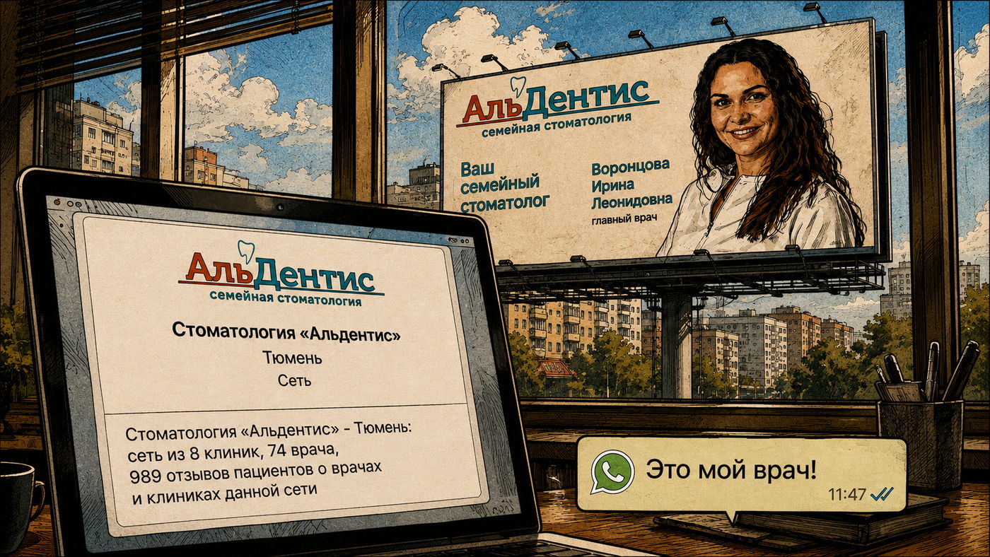 Билборд с врачом «АльДентиса» в Тюмени и переписка пациента «Это мой врач!»